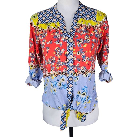 Fig & Flower Womens Patchwork Tie-Front Blouse PS Rayon Roll Tab Sleeves Boho - Picture 1 of 8